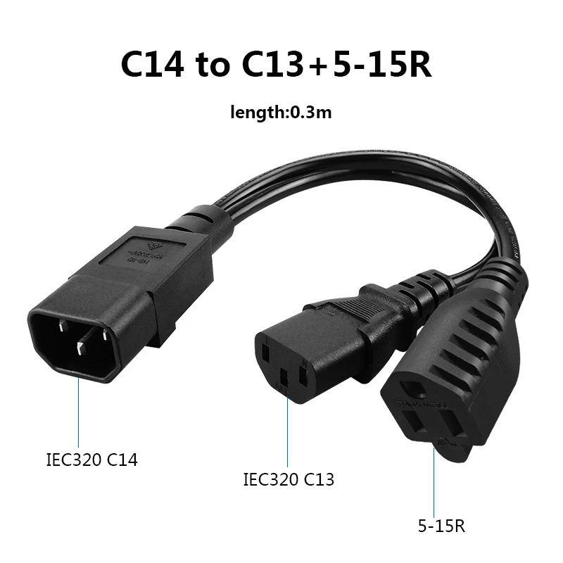 Электрический Удлинительный кабель IEC320, двойной шнур питания IEC 320 C14 к C13 US Nema 5-15R, разветвитель типа Y, адаптер 0,3 м PDU