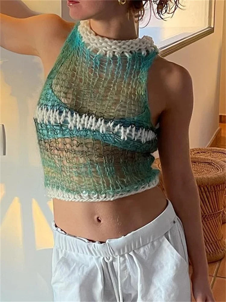 

CHRONSTYLE Knitted Color Patchwork Tube Top Cropped Summer Beach Clubwear 2022 Sexy Women Sleeveless Hollow Out Tank Vest Street