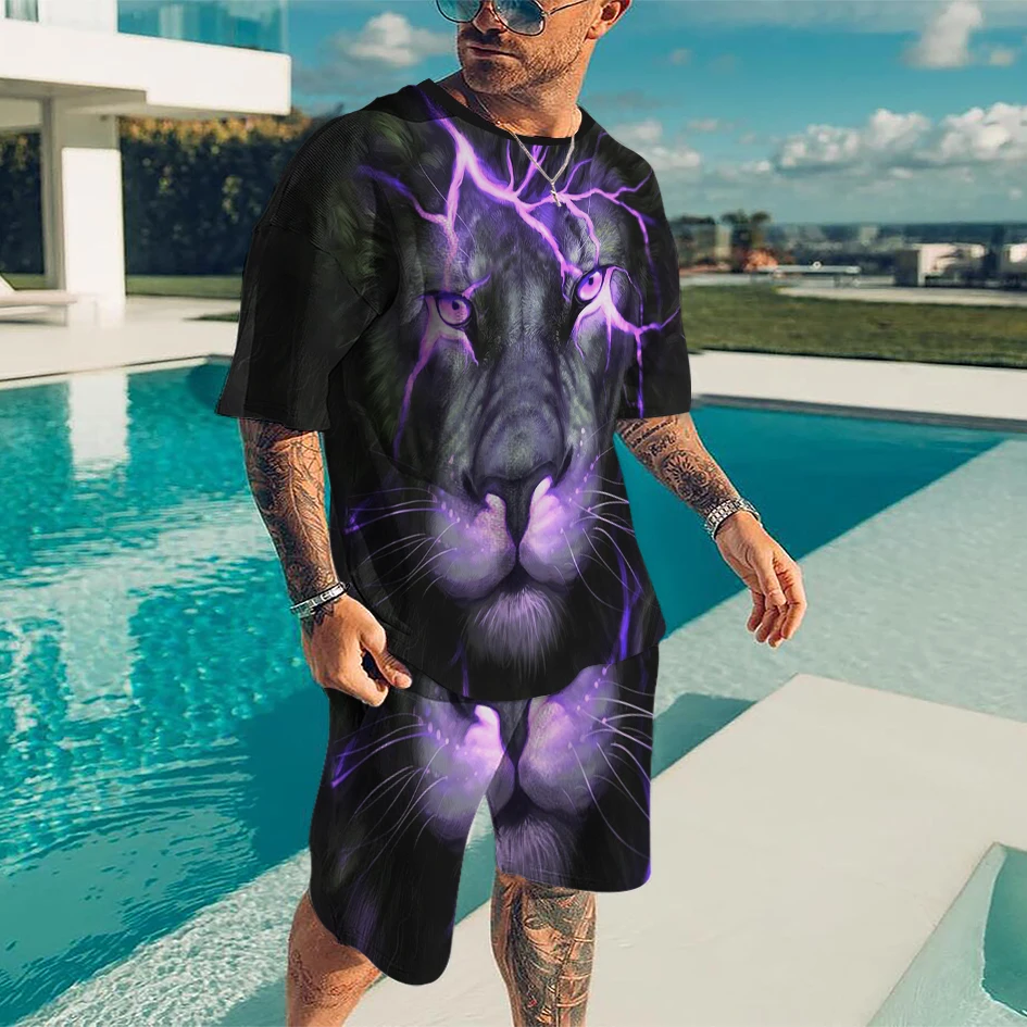 New Hot Selling T-shirt Fashion Suit Lion King Summer Men Suit Sportswear Oversized Clothes 3d Printed T-shirt Shorts Sportswear