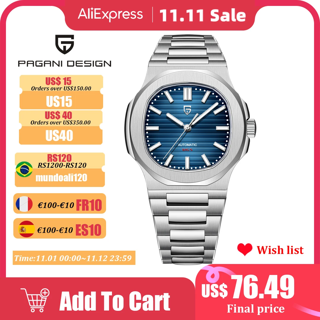 Купить Часы наручные PAGANI Мужские автоматические, роскошные спортивные механические водонепроницаемые с сапфировым стеклом, 40 мм