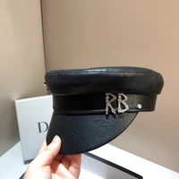 designer brand rhinestones letter military hat women leather navy cap casual cap internet celebrity beret tide sailor hat