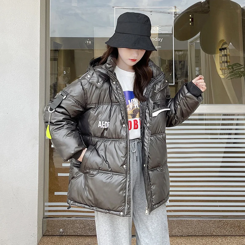Women Korean Style Loose Hooded Down Cotton-padded Jackets New Winter 2021 Fashionable Female Leisure Warm Coats Overcoat Parkas