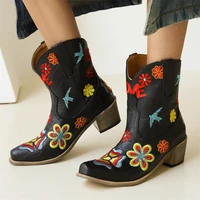 women boots 2022 luxury winter fashion chunky heels embroidered shoes plus size high heels ethnic style low tube western boots