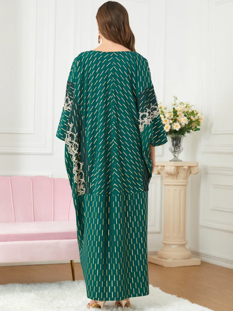 Clothes for Muslim Women 2023 Summer Muslim Women Fashion Long Sleeve V-neck Green Polyester Printing Long Abaya Muslim Dress