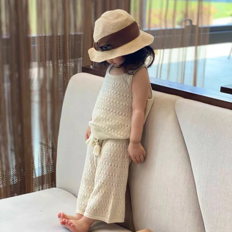 

Summer Baby Girl Clothes Hollow Design Knit Sleeveless Pullovers Top Vest Tassel Elastic Wide Pants Ropa Conjuntos Para Niños