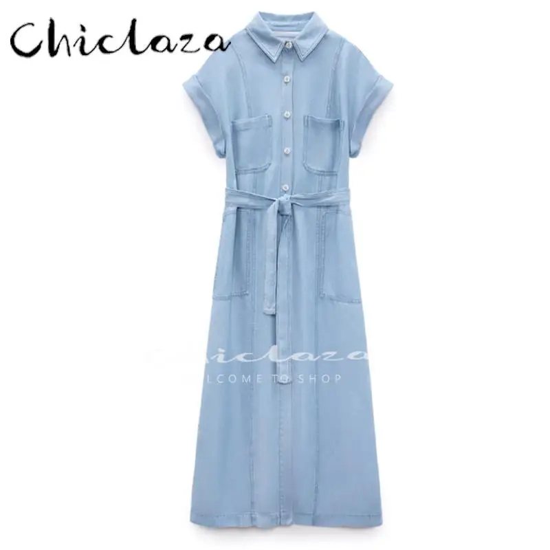 

CHICLAZA Women 2022 New Summer Fashion Blue Shirt Midi Dress Female Casual With Belt Pockets Elegant Office Ladies Dresses