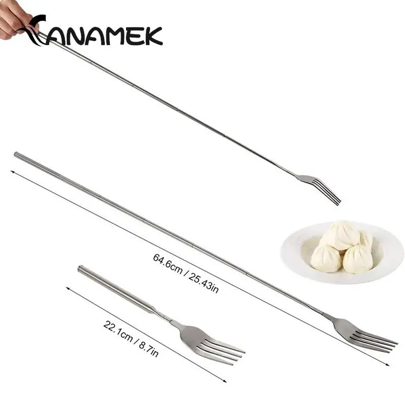 

1pcs Tableware Retro Fork BBQ Telescopic Extendable Dinner Fruit Dessert Long Handle Fork Stainless Steel Cutlery Fork
