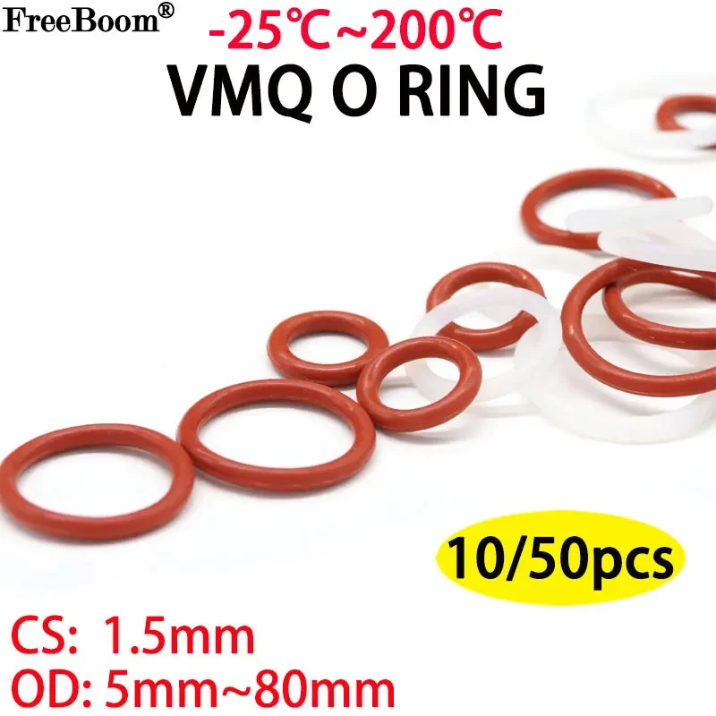 

10/50 шт. VMQ белое/красное силиконовое уплотнительное кольцо, наружный диаметр 5 ~ 80 мм CS 1,5 мм, пищевая водонепроницаемая шайба, круглое уплотнительное резиновое силиконовое кольцо