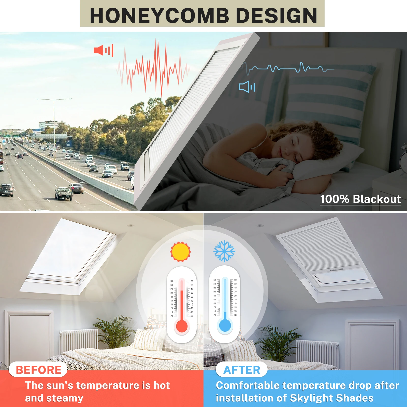 Moonice Skylight Blinds Cordless Roof Honeycomb Window Blackout Cellular Pleated for Home Easy Fit Office