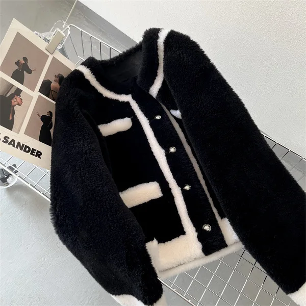 24 осень/зима новое маленькое ароматное пальто из овечьего меха с круглым вырезом