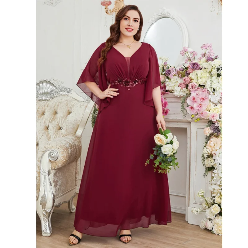 Plus Size Rose Red Chiffon Short Sleeve Summer Evening Dress Party Prom Elegant Luxury Plus Size 5XL6XL Women's Dresses