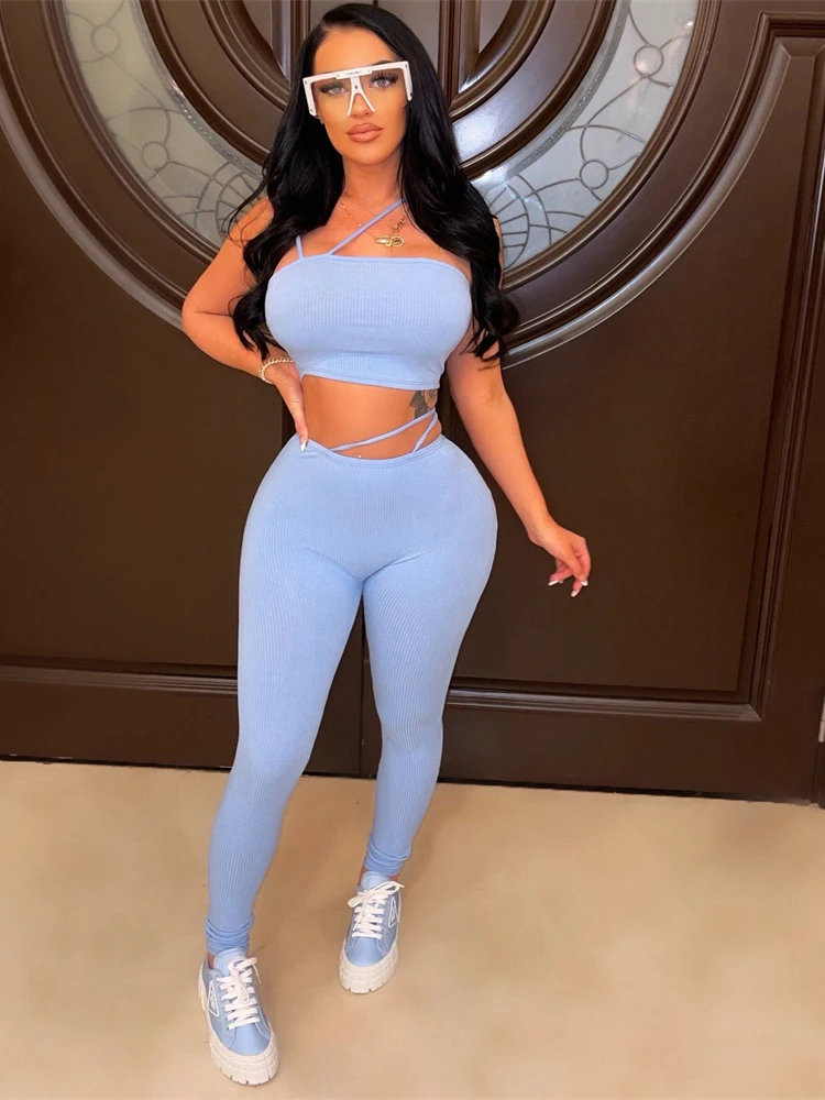

WLWXR 2 Two Piece Set Women Summer Blue Outfits Off Shoulder Crop Top Stacked Pants Leggings Women Matching Set Ladies Tracksuit