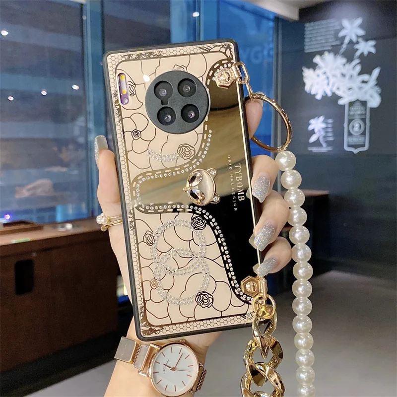 

Luxury Animal Fox Wallet Handbag Case For Huawei Mate 20 30 40 Nova 7 8 9 P30 P40 P50 Pro Honor50 X20 SE Magic3 With Pearl Chain