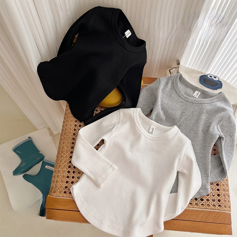 

Autumn Children Long Sleeve T-shirts Korean Style Solid Color Waffle Cotton Baby Girl's Pullovers Tops Casual Tees