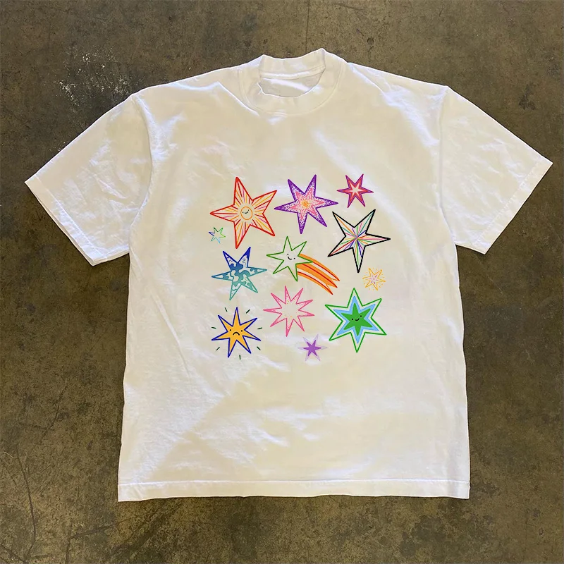 

Heavy and Opaque, A Lot of Star Hong Kong Style Men's Niche Design Sense 100% Cotton Casual Short-sleeved T-shirt