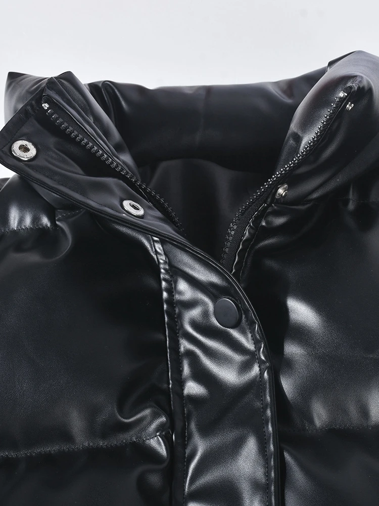 Fashion Stand Collar Zipper Thick Warm Black PU Leather Jacket 2022 Women's Winter Casual Solid Puff Parka Padded Coat Streetwea