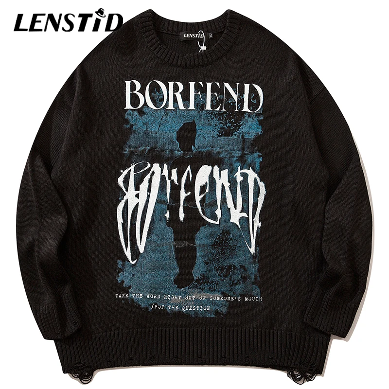 

LENSTID Autumn Men Ripped Knitted Jumper Sweaters Hip Hop Graphic Letter Print Streetwear Harajuku Fashion Casual Male Pullovers