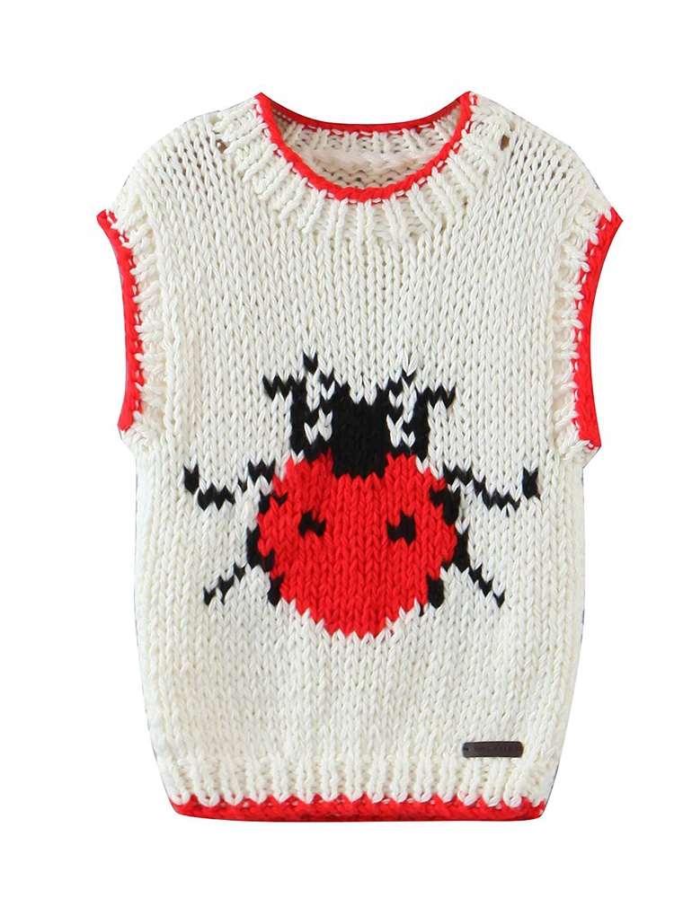 

New Autumn Women Jacquard Ladybug Hand Made Sleeveless Sweater Vest Female O Neck Loose Waistcoat Knitwear Chic Top