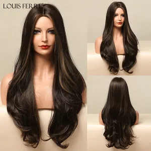 LOUIS FERRE Ombre Black Brown Cosplay Synthetic Wigs Long Middle Part Wavy Natural Hair Wig For Black Woman Afro Heat Resistant