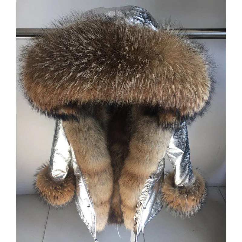 

RosEvans Women Winter Real Raccoon Fur Lining Coat New Detachable Genuine Silver Fox Fur Collar Hooded Jacket Long Casual Parka