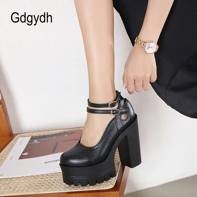 Gdgydh Womens Platform Mary Jane Ankle Strap Chunky Heels Shoes Buckle Strap Hollow Out Knight Party High Heels Pumps
