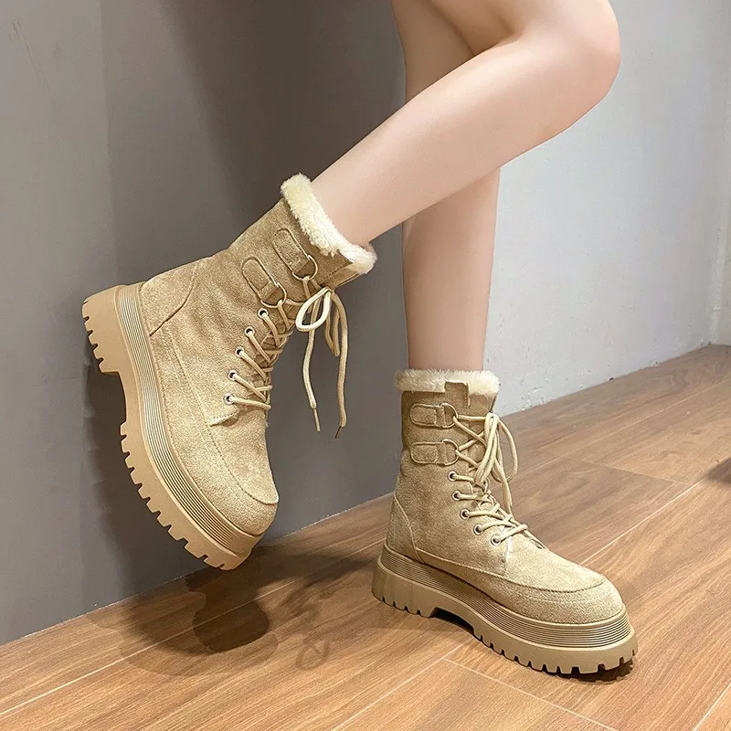 

Solid Color Thick Soled Women Boots 2022 New Fashion Warm Snow Boots Women Trend Lace Up Gothic Boots Women Platform Shoes