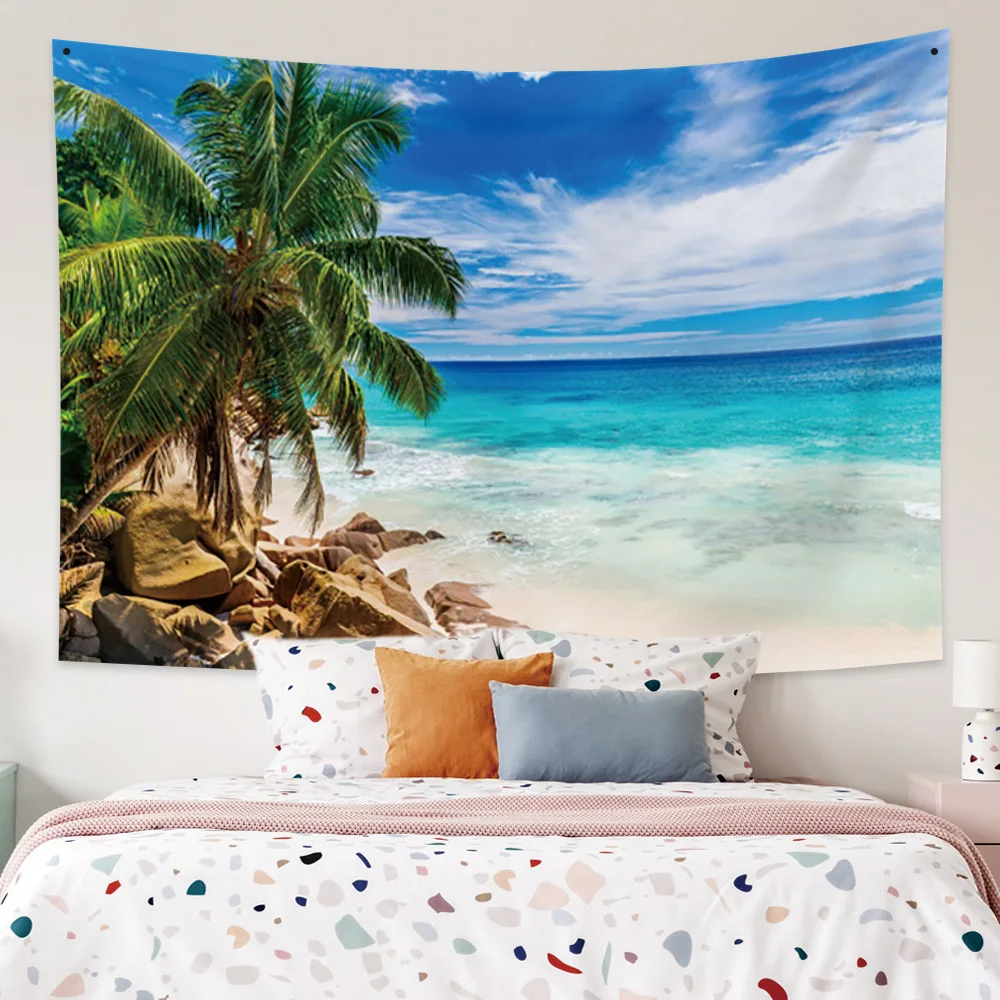 

Summer Sea Ocean Landscape Tapestry Palm Tree Beach Wall Hanging Blanket Bohemian Room Dorm Home Decor Wall Carpet Polyester