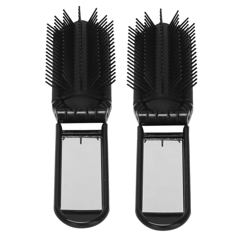 

2X Portable Travel Folding Hair Brush With Mirror Compact Pocket Size Comb-Black