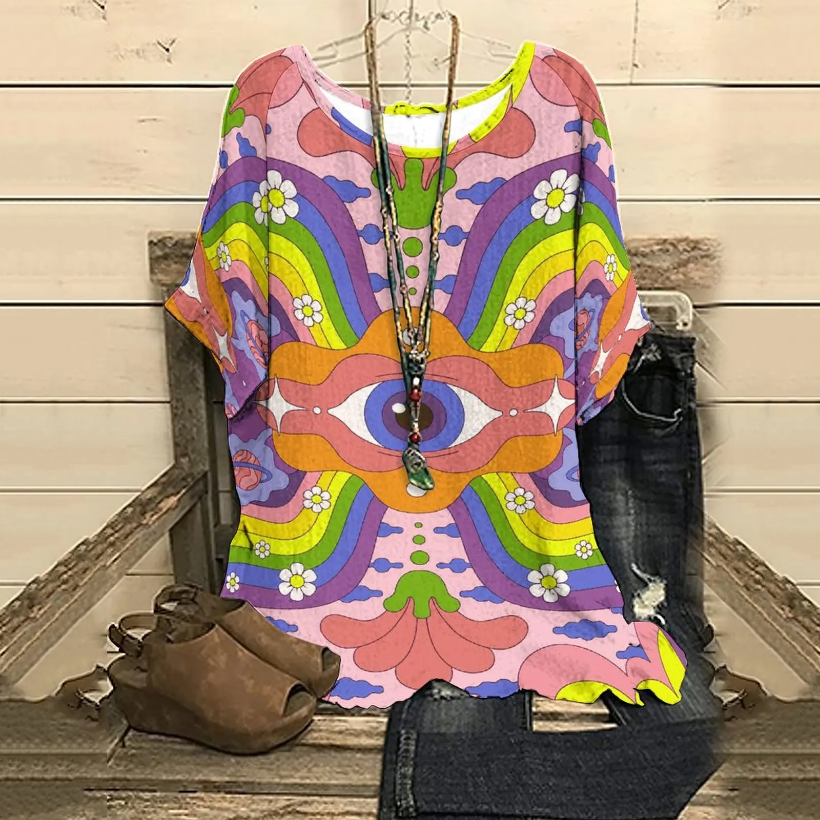 

New Summer Women's Half Sleeve Top Tee Eyes Colorful Print T-Shirt Streetwear