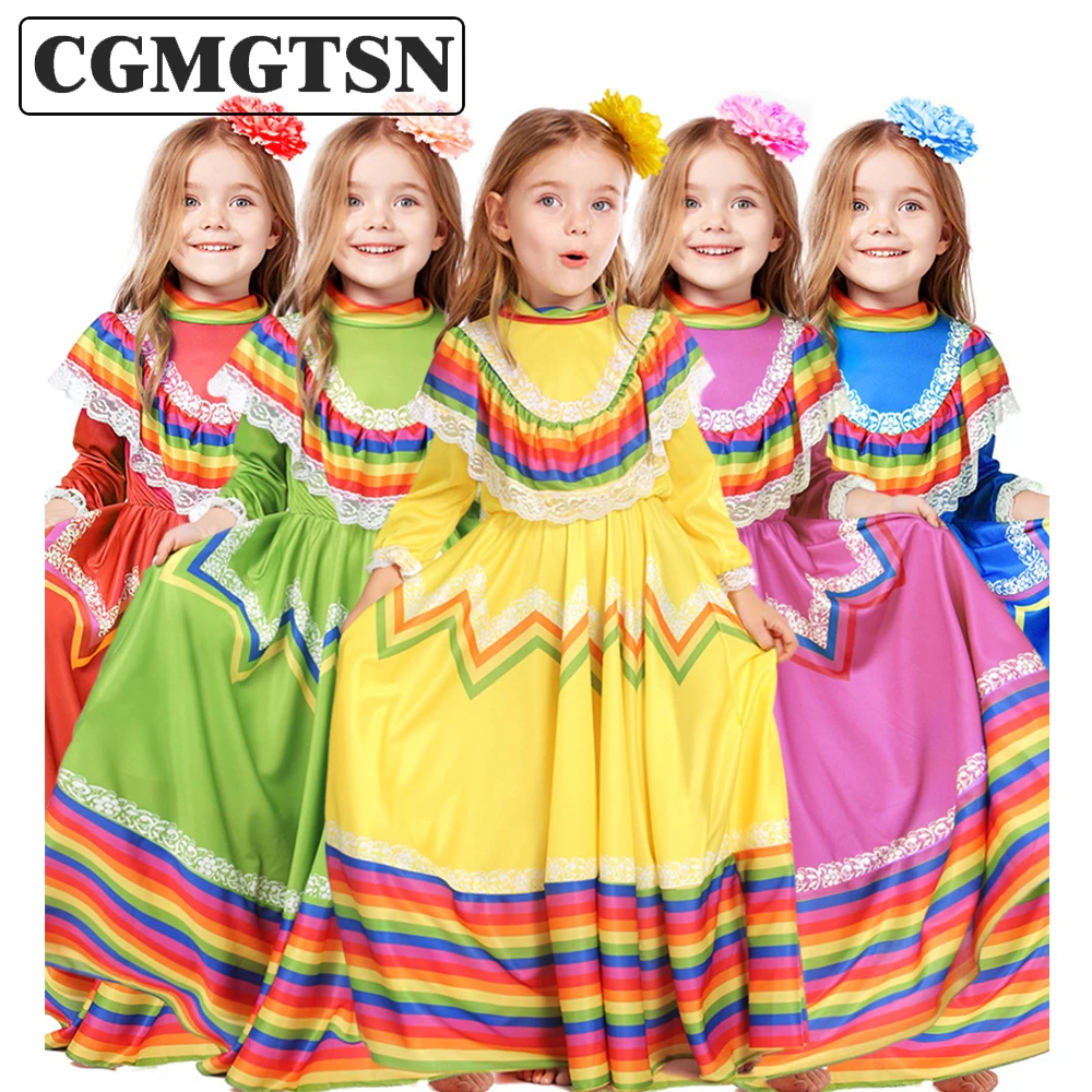 

CGMGTSN Girl Traditional Mexican Gypsy Flamenco Circle Dance Long Dress Colourful Outfits Carnival Costume for Kids Girls Stage