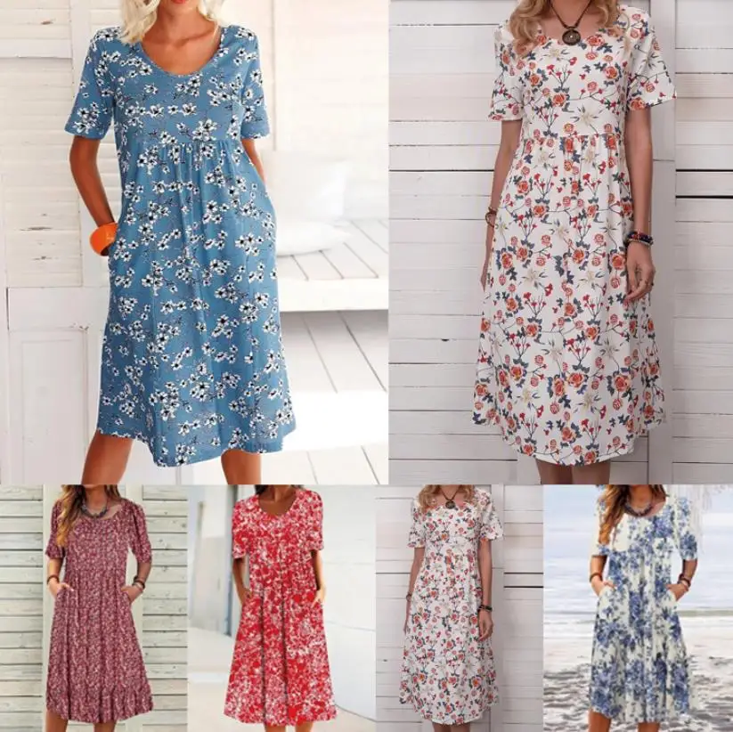 

2022 Women's Casual Loose Boho Floral Short Sleeve Summer Beach Women Dresses