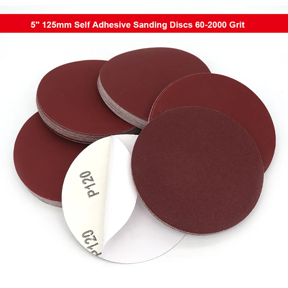 

5 Inch 125mm Self Adhesive Sanding Discs 60-2000 Grit Red Aluminum Oxide Sandpaper Glue-lined Round Backing Pads