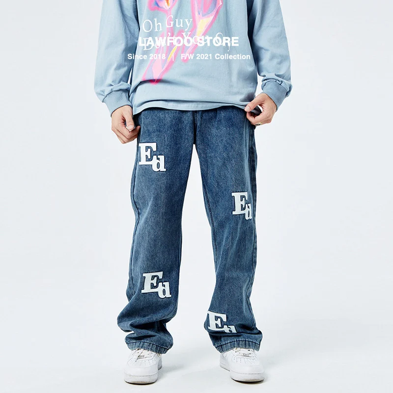 

Streetwear Fashion Men Jeans Loose Fit Embroidery Patches Designer Hip Hop Jeans Men Retro Casual Wide Leg Baggy Denim Pants