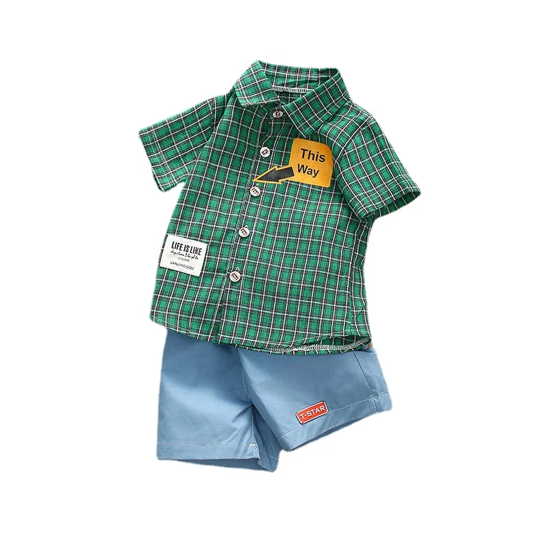 

1-3 Y Korean Baby Toddler Boys Girls Soft Thin Casual Short Sleeves + Shorts Plaid Shirt Set Cotton Breathable Plaid 2pcs Suit