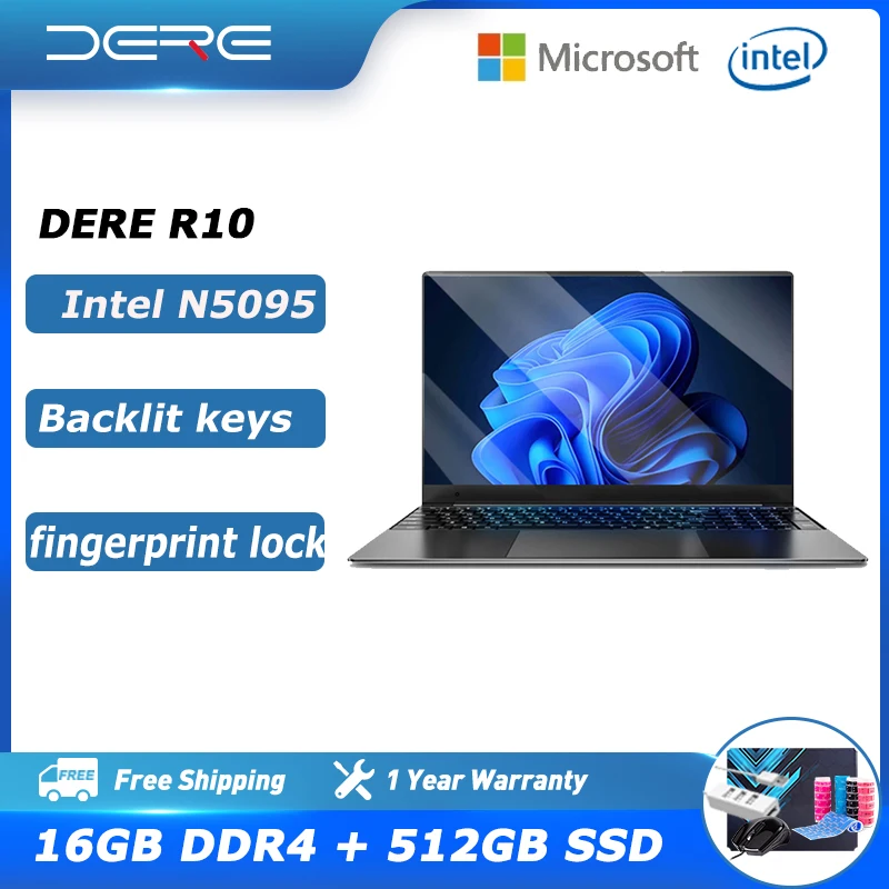 

Dere Laptop R10 15.6-inch Intel N5095 Business Notebook 16GB RAM 512GB SSD Recognition Fingerprint Backlit keyboard Windows 10