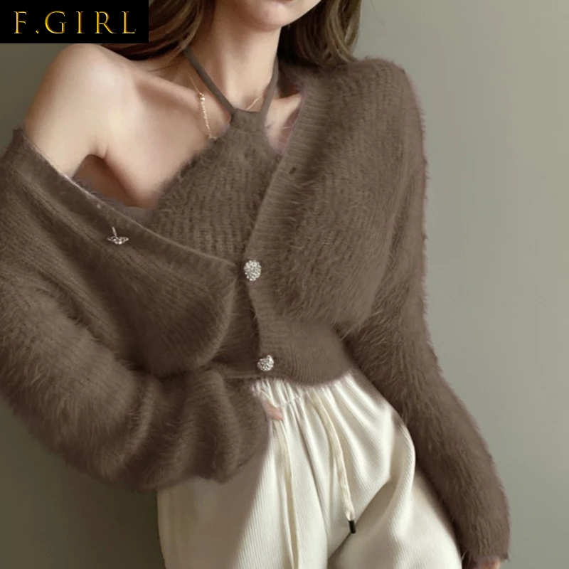 F GIRLS    Mohair Knitted Two Pieces Set Women 2022 Korean Chic Crop Cardigan + Halter Tops Vest Laides Casual Spring Sexy