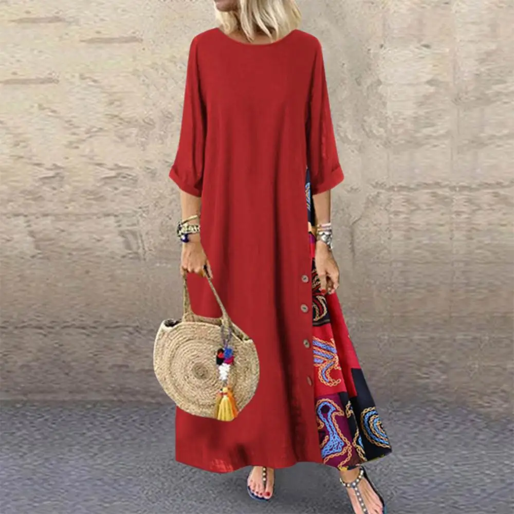 

Long Dress Printed Long Dress O Neck Loose Women Plus Size Vintage 3/4 Sleeve Side Buttons Dress