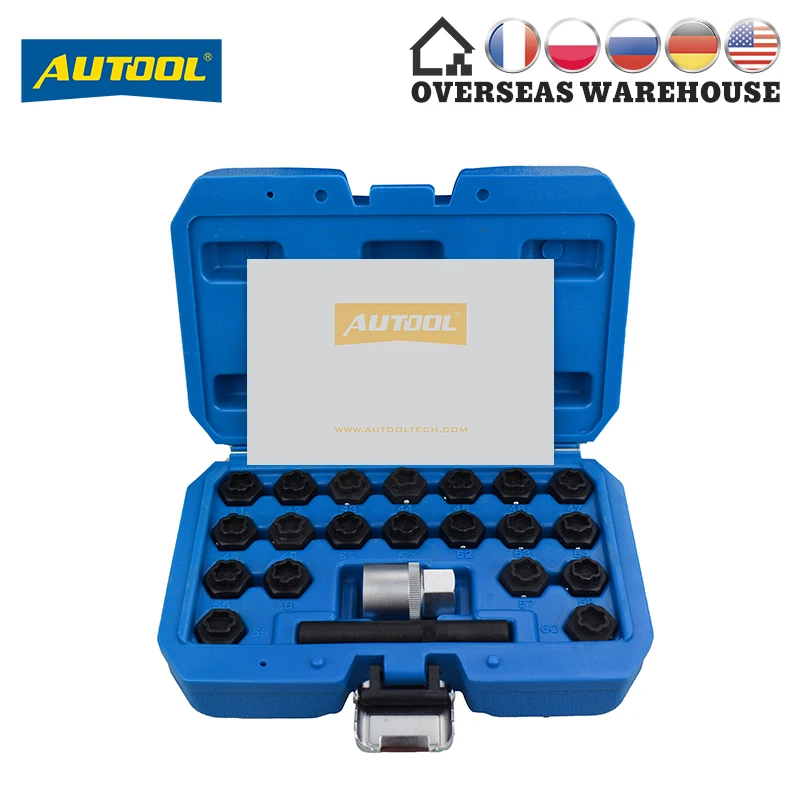 AUTOOL 22pcs Anti-Theft Screws Removal and Install Set Group Wheel Lock Lugnut Anti-Theft Removal Key Socket Set for BMW