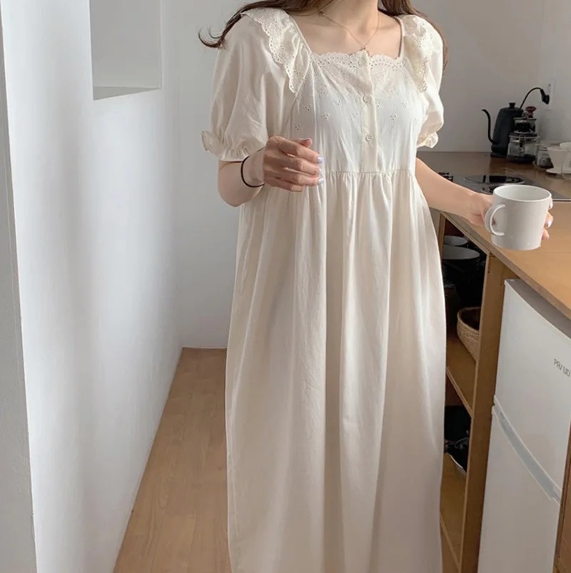 Sweet Student Sleepwear Sleepshirt Summer Short Sleeve Cotton Nightgowns Women Loose Long Night Dress Female Nightwear