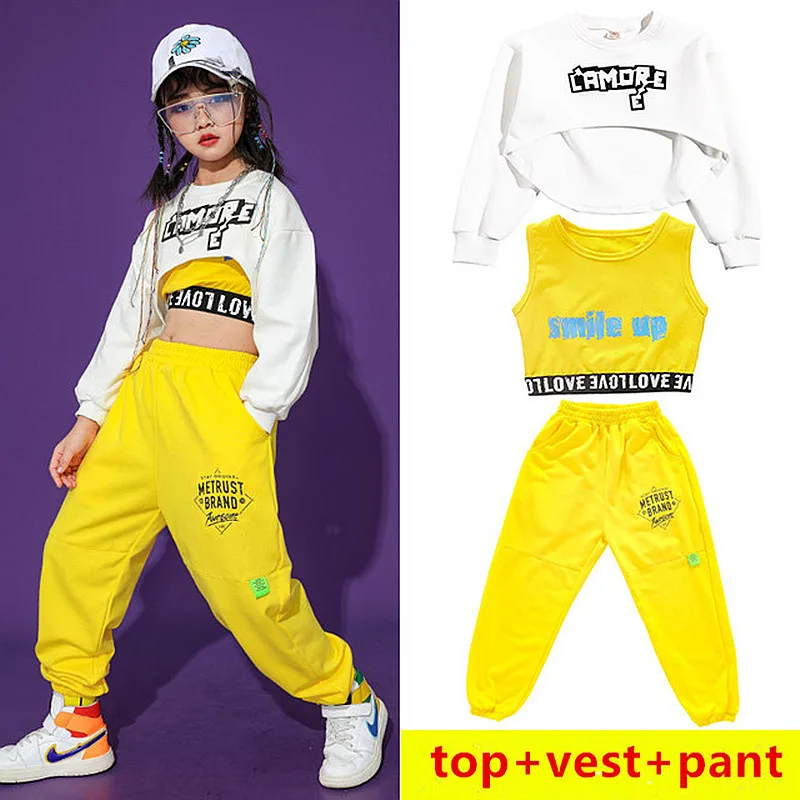 

Hip-Hop Dance Costumes For Kids Girls White Long Sleeve Top Yellow Hiphop Pants Jazz Performance Dance Wear Rave Clothes sets