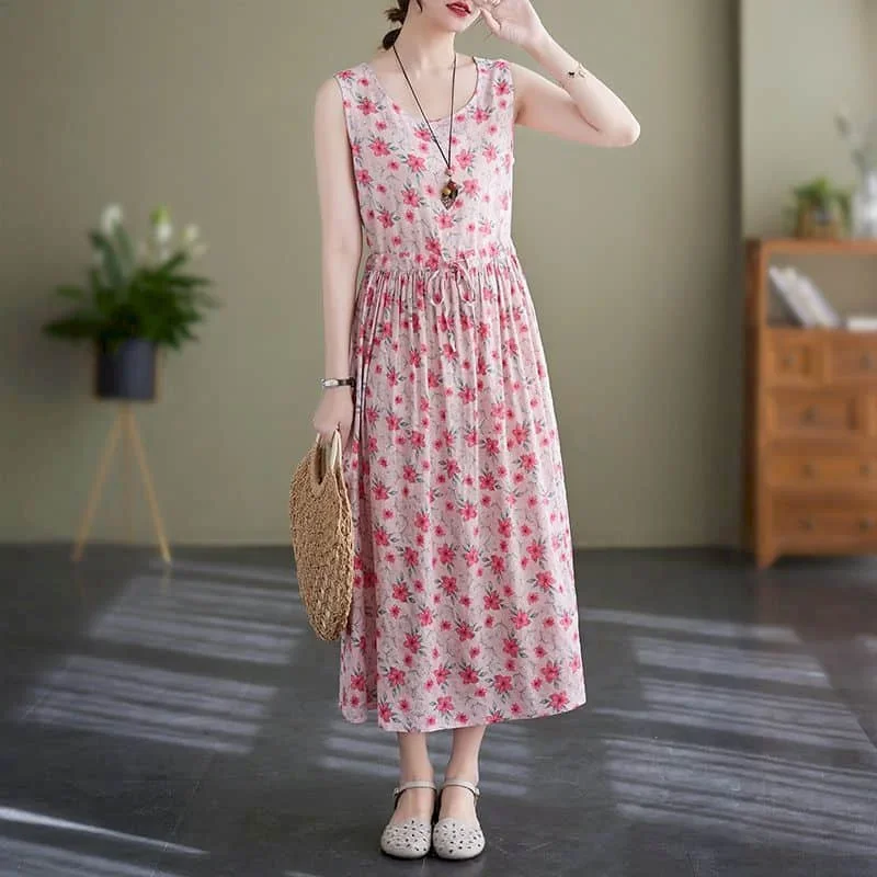 Женское летнее платье GOTP розового цвета из хлопка и льна