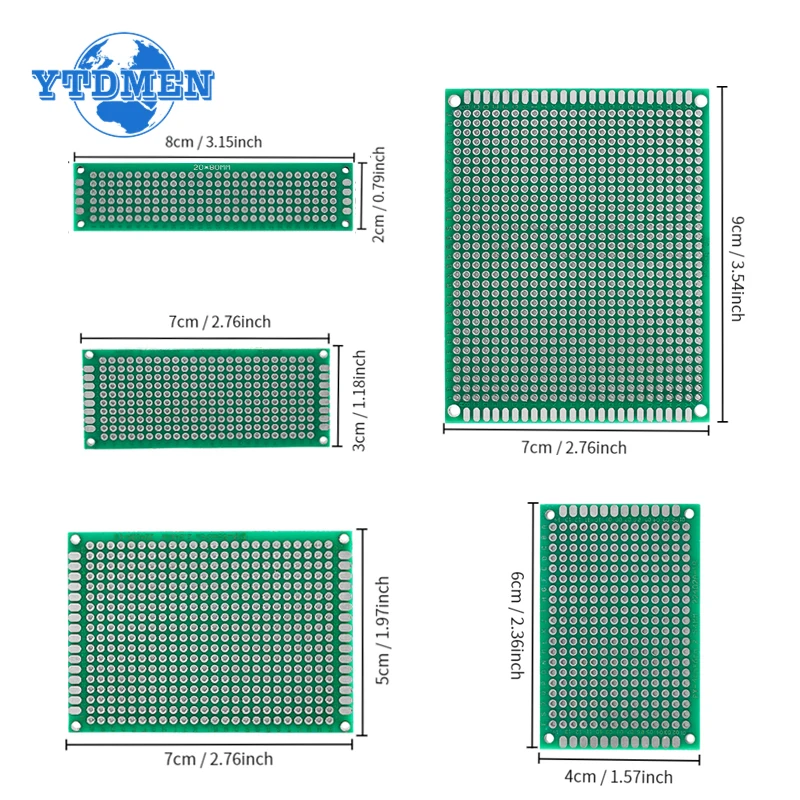 

40PCS PCB Board Circuit Boards Kit, 5 Size 2x8cm 3x7cm 4x6cm 5x7cm 7x9cm Green Double-sided PCB Prototype DIY Electronic Kit