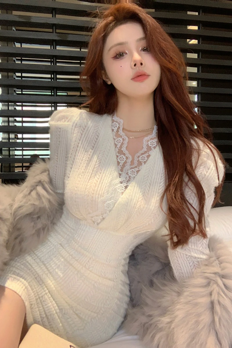 

Зимнее кружевное винтажное платье-свитер, женское лоскутное вечернее мини-платье, женское повседневное вязаное облегающее платье в Корейс...