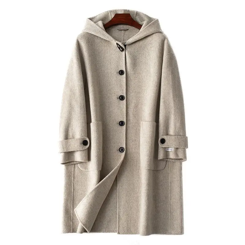 

2023 новое шерстяное пальто, новое двустороннее Свободное длинное женское пальто из 100% шерсти с капюшоном