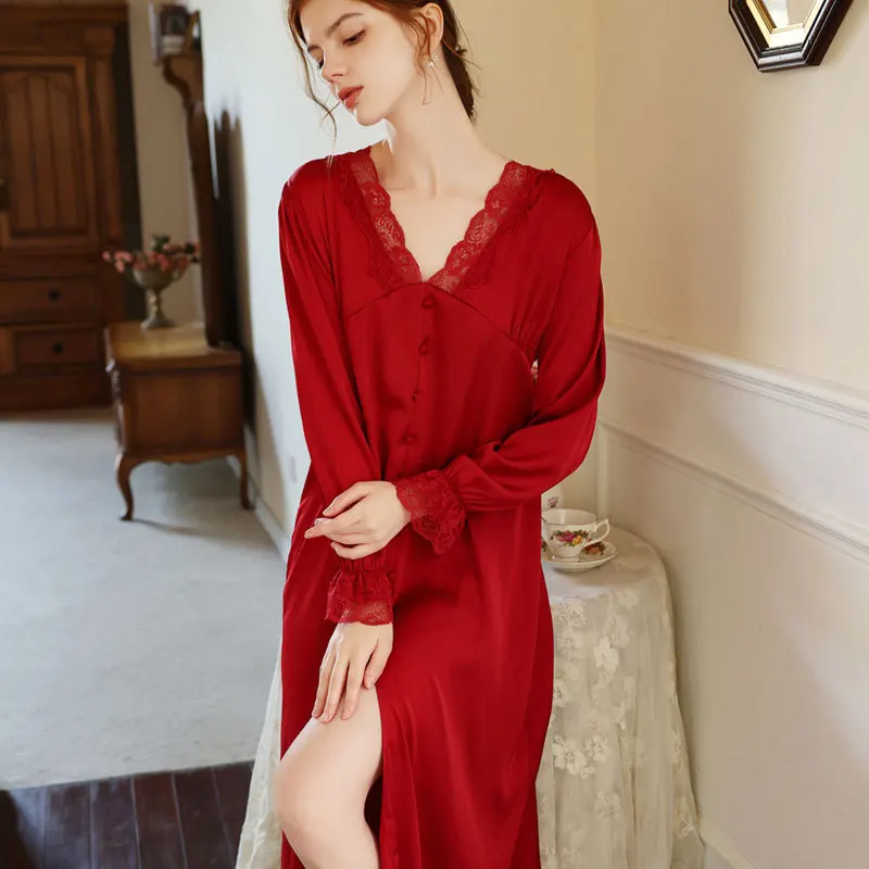 The New High Quality Sexy Women NightwearIce Sleep Dress Silk Nightdress French Vintage Nightgowns Princess Long Skirt Sleepwear