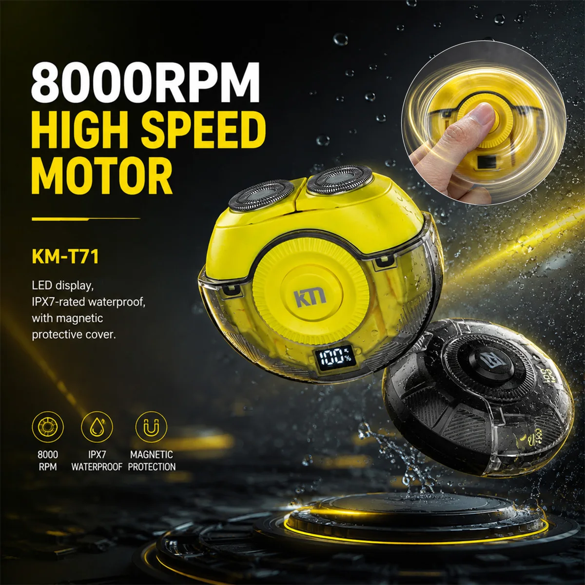 Фото Мини-электробритва Kemei KM-T71 для мужчин, 8000 об/мин, 8 Вт, LED-дисплей, водонепроницаемость IPX7, профессиональная бритва, спиннер, для барбершопа.