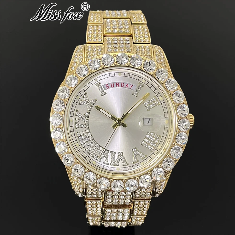 

MISSFOX Luxury Gold Men's Watch Hip Hop Fashion Quartz Wrist Watches Iced Out Diamond Waterproof Clocks Gift For Male Reloj 2022
