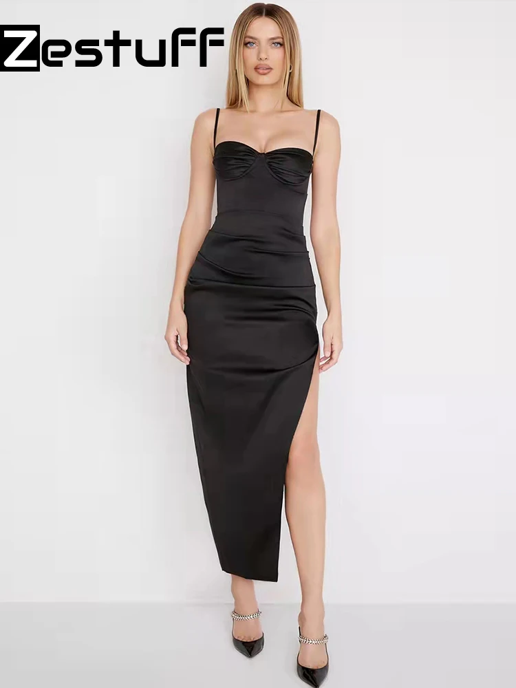 

Zestuff Solid Color Slit Cami Stretch Satin Evening Dress With Padded Simple Bodycon Outfit Party Wear Fashion Skinny Maxi Dress
