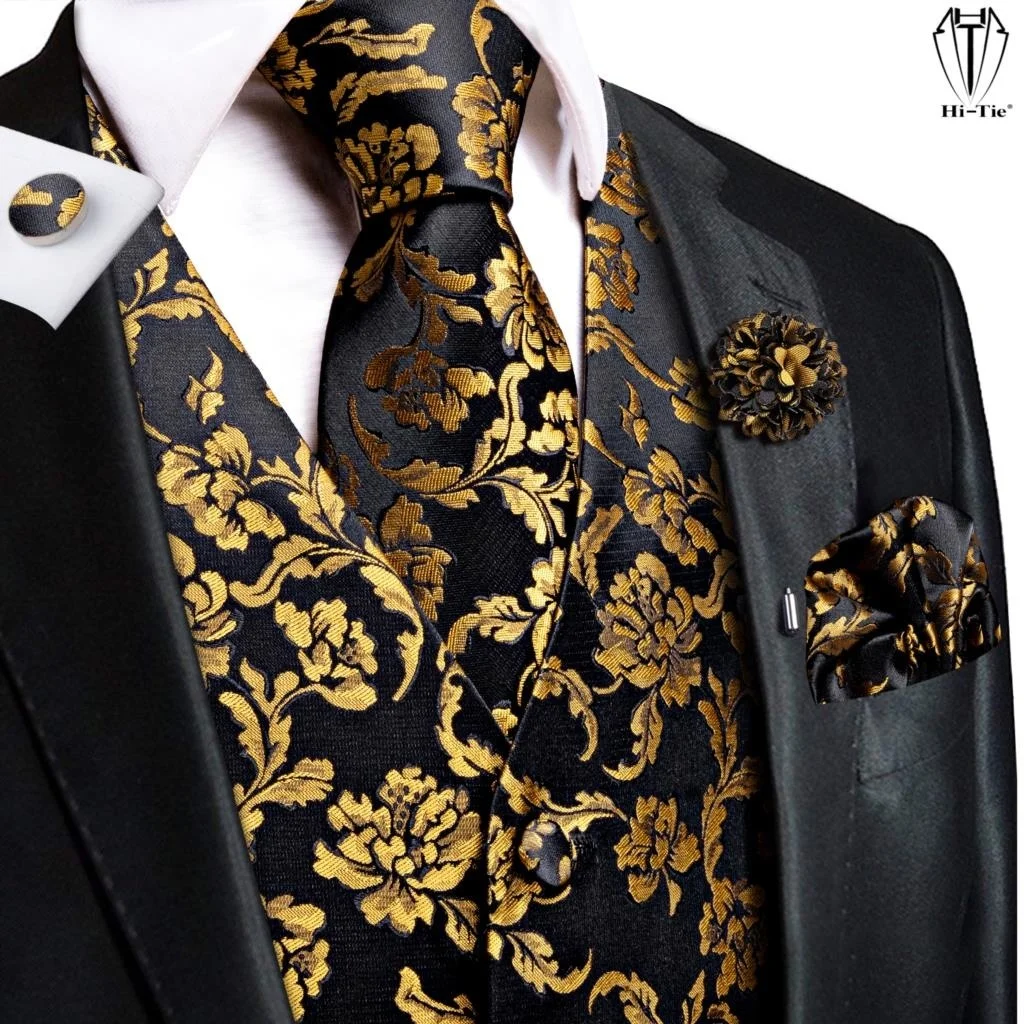 

i-Tie Luxury Silk Mens Vests Black old Floral Jacquard Waistcoat Tie anky Cufflinks Brooc Set for Men Suit Weddin Office XL