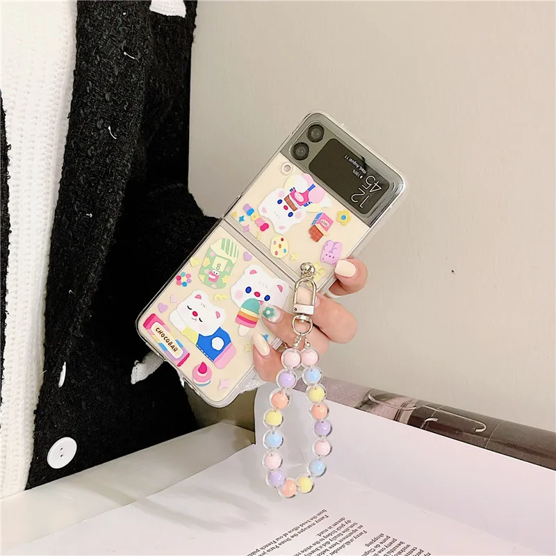

Мультяшный милый белый медведь чехол для телефона с подвеской для Samsung Galaxy Z Flip 4 3 Твердый Чехол для ZFlip3 Zflip4 твердый Корпус кронштейн